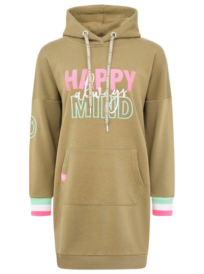 Zwillingsherz Sweatkleid "Always Happy Mind" mit Kapuze und fröhlicher Botschaft, neon Armbündchen von Zwillingsherz