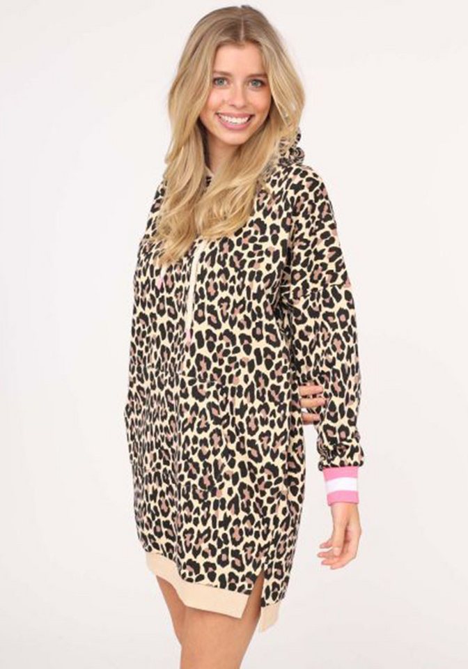 Zwillingsherz Sweatkleid "Leo all over" mit Kapuze und Kängurutasche, auffälligen Bündchen von Zwillingsherz