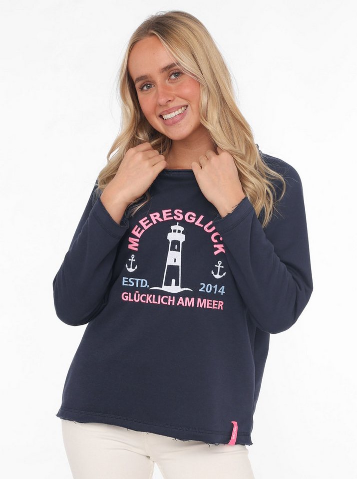 Zwillingsherz Sweatshirt "Glücklich am Meer" mit Used-Look Kanten, Leuchtturm gestickt von Zwillingsherz