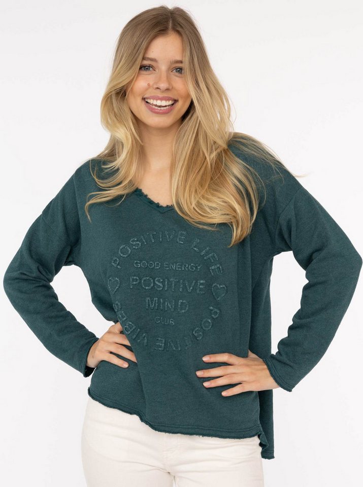 Zwillingsherz Sweatshirt "Positive Mind" ausgefranster V-Ausschnitt, Used Look, Langarm, Schriftzug von Zwillingsherz