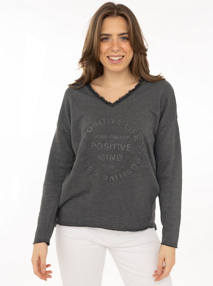 Zwillingsherz Sweatshirt "Positive Mind" ausgefranster V-Ausschnitt, Used Look, Langarm, Schriftzug von Zwillingsherz