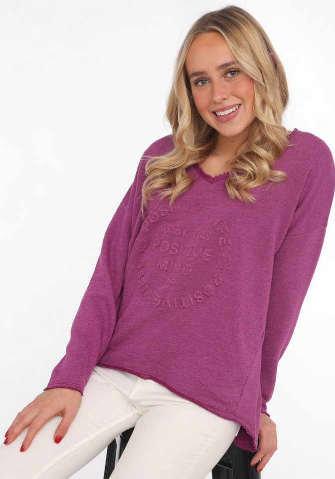 Zwillingsherz Sweatshirt "Positive Mind" ausgefranster V-Ausschnitt, Used Look, Langarm, Schriftzug von Zwillingsherz