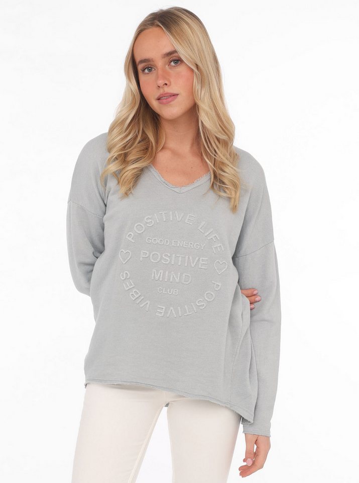 Zwillingsherz Sweatshirt "Positive Mind" ausgefranster V-Ausschnitt, Used Look, Langarm, Schriftzug von Zwillingsherz