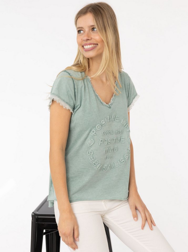 Zwillingsherz T-Shirt "Positive Mind" V-Ausschnitt, Kurzarm, Used-Look, Baumwolle, ausgefranste Kanten von Zwillingsherz