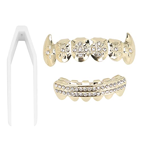 Zwinner Grills für Ihre Zähne, Galvanisierendes Hip Hop-Set mit falschen Zähnen, Vampirzähne Grillz Oben und unten, Halloween-Festival-Zähne-Dekorations-Klammer für Frauen Männer Kinder(Gold) von Zwinner