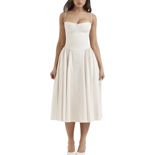 Damen-Korsettkleid, Elegantes Spaghettiträger-Midikleid, fließender Plisseesaum, tiefer Schnitt, Ballkleid, Blumenmuster, Bustier-Kleid, Beige, Klein Damen-Korsettkleid, Elegantes Spaghettiträger-Midikleid, fließender Plisseesaum, tiefer Schnitt, Ballkleid, Blumenmuster, Bustier-Kleid, Beige, Klein von Zwirelz