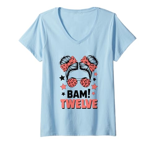 Damen 12. Geburtstag Mädchen Messy Bun Bäm! Zwölf Jahre Alt T-Shirt mit V-Ausschnitt von Zwölfter Geburtstag & 12. Geburtstag Design