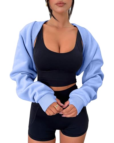 Zwurew Damen Bolero Pullover Shrugs Y2K Open Front Workout Sweatshirt Langarm Crop Tops, Babyblau, M von Zwurew
