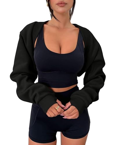 Zwurew Damen Bolero Pullover Shrugs Y2K Open Front Workout Sweatshirt Langarm Crop Tops, Schwarz, Groß von Zwurew