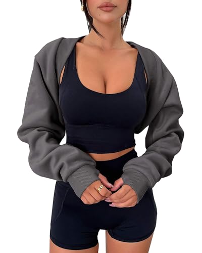 Zwurew Damen Bolero Shrug Langarm Cropped Sweatshirt mit Daumenloch Workout Shrugs Open Front Y2K Tops 2024, grau dunkel, XX-Large von Zwurew