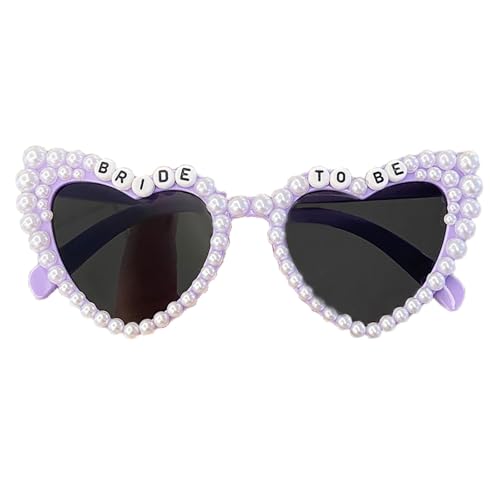 Zxarunas Herzförmige Sonnenbrille mit Buchstaben und Perlenverzierung, Brautsonnenbrille, geeignet for Hochzeitsfeiern und Feiern(Purple+Gray) von Zxarunas
