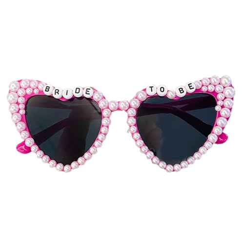 Zxarunas Herzförmige Sonnenbrille mit Buchstaben und Perlenverzierung, Brautsonnenbrille, geeignet for Hochzeitsfeiern und Feiern(Rose Red+Gray) von Zxarunas