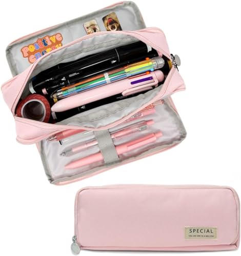Zxarunas federtasche Ästhetische Leinwand-Bleistifttasche, große Kapazität, Federmäppchen mit 3 Fächern, für Schreibwaren, Stifte, rosa und Schwarze Beutel mäppchen von Zxarunas