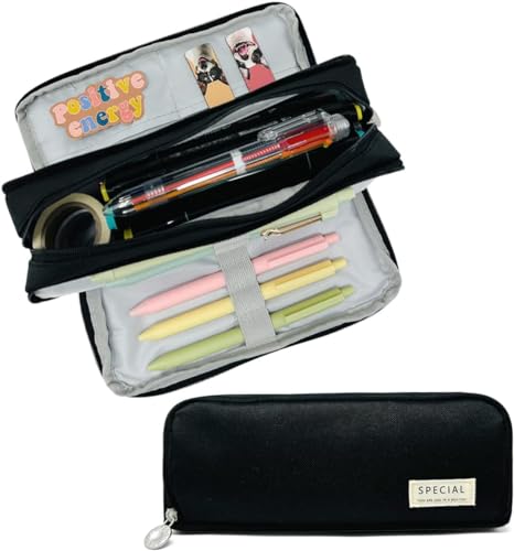 Zxarunas federtasche Ästhetische Leinwand-Bleistifttasche, große Kapazität, Federmäppchen mit 3 Fächern, für Schreibwaren, Stifte, rosa und Schwarze Beutel mäppchen von Zxarunas