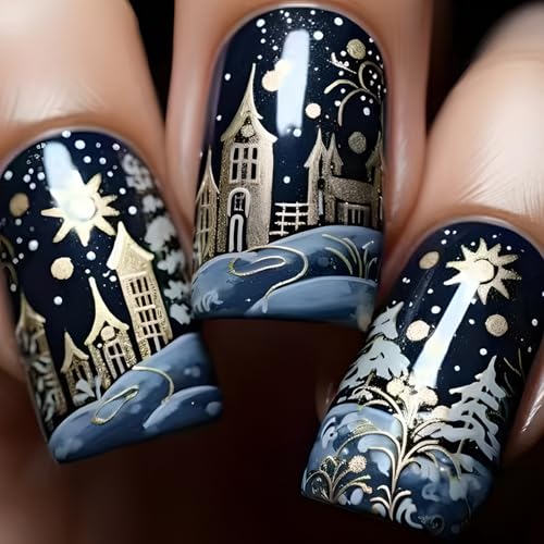 24 Stück Weihnachts-Nägel zum Aufdrücken, glänzendes Acryl mit weihnachtlichen Schneeflocken-Designs, volle Abdeckung, Nagelkunst für Frauen von Zxfdsfdbnm