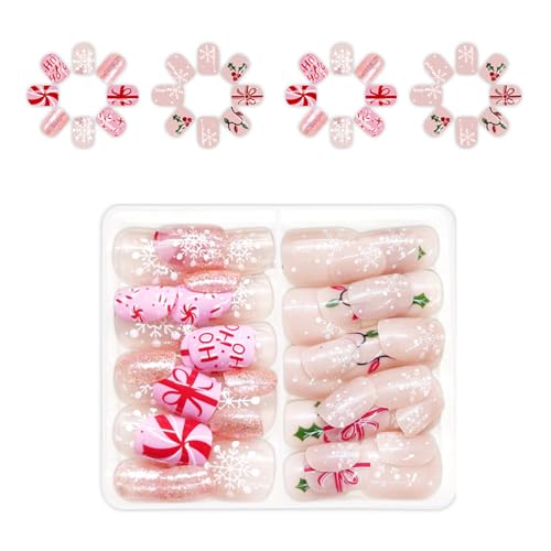 Künstliche Fingernägel für Weihnachten, kurz, zum Aufdrücken, französische Schneeflocke, Kunst-Dekoration für Frauen, 24 Stück von Zxfdsfdbnm