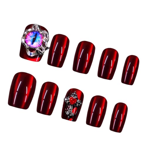 Kurze Quadratische Weinkatzen Augenpresse Auf Nägeln Mit Devil Eye Und Strasssteinen Vollbezüge Glänzende Faux Nägel Für Frauen 30 PCs von Zxfdsfdbnm