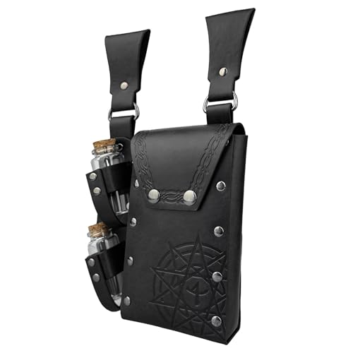 Mittelalter Hüfttasche PU Leder Gürteltasche Mittelalter Gürteltasche mit 2 Kork Trank Flaschen für Damen und Herren Cosplay, Schwarz von Zxfdsfdbnm