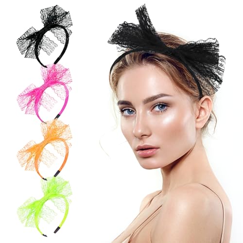 4 Stück Spitze Schleife Stirnband 1980er Jahre Cosplay Haarreifen Große Schleife Neon Spitze Stirnband 80er Jahre Haarschmuck für Mottoparty Frauen Mädchen Karneval Weihnachten Teil tägliche von ZyFurn