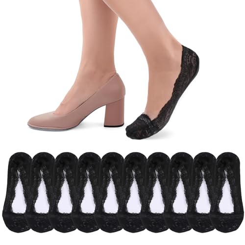 6 Paar No Show Socken Damen Füßlinge, Atmungsaktiv Spitze Socken mit Rutschfest Silikon, Unsichtbare Baumwolle Ballerina Sockens Schwarze Füßlinge Damen für High Heels, Wohnungen, Ballettschuhe von Zyghjort