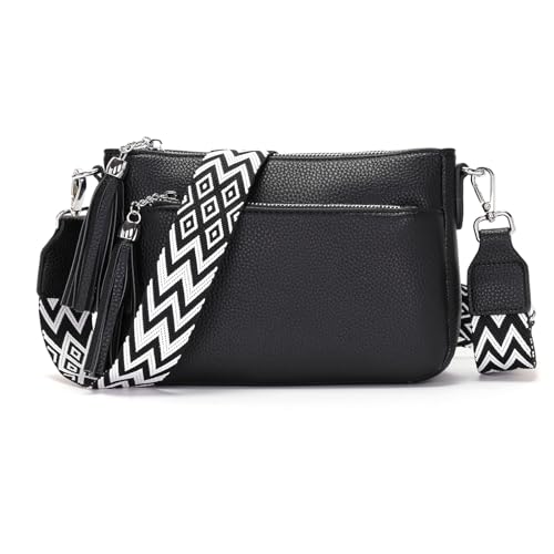 Zyig umhängetasche damen klein crossbody bag damen PU leder handtasche damen schwarz mit 3.5cm Breitem Schultergurt 5 fächern von Zyig