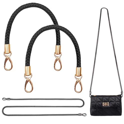 Zyiphor 2 Stück Taschenhenkel 40cm Taschengriffe Ersatz Schultergurt Geflochtene Taschengurte aus PU Leder Handtaschengriff mit 1 Stück Geldbörsen Kette Taschenkette Schulterriemen 120cm (Schwarz) von Zyiphor