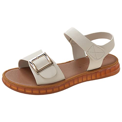 Damenschuhe Sommermode Rom-Stil Sandalen Weiche Sohle Haken Schlaufe Casual Open Toe Sandalen Damen Sandalen Größe 42 Breit, beige, 38.5 EU von Zylione