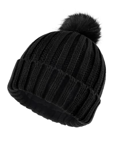Zylioo S-M Kleine Bommel Wintermütze Mit Fleece Fütterung,Bobble Strickmütze Mit Pom Pom,Winter Warme Beanie Mütze Skull Watch Cap von Zylioo