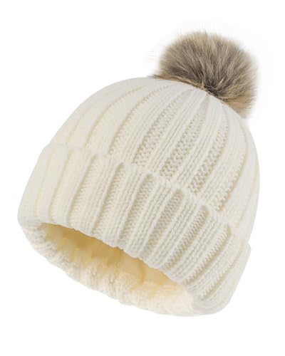 Zylioo S-M Kleine Bommel Wintermütze Mit Fleece Fütterung,Bobble Strickmütze Mit Pom Pom,Winter Warme Beanie Mütze Skull Watch Cap von Zylioo