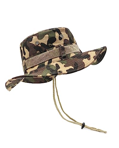 Zylioo XXL-3XL Camo Safari Buschhut Für Großen Kopf,Military Tactical Australian Boonie Hat,Woodland 'Junglescout' Breiter Krempe Wanderhut für Outdoor Camping von Zylioo