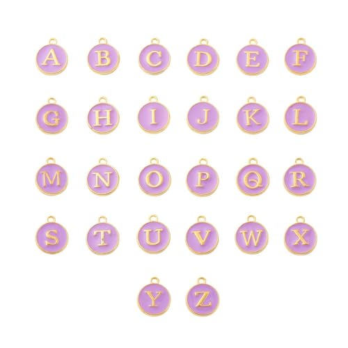 Zymoplas 26 Stück Anfangsbuchstaben Charms Schmuckherstellung Entdeckungen Jahrestagsgeschenk hängende Anhänger runde Legierungs Charm Halskette, Violett von Zymoplas