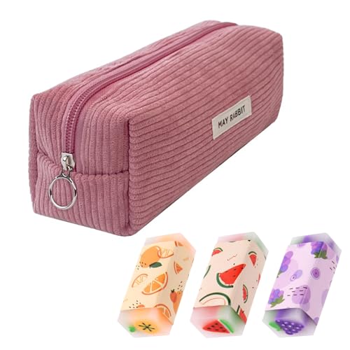 Zynewa Mäppchen Cord-Stoff, Make up Tasche, Federmäppchen für Mädchen Teenager und 3pcs Radiergummis mit Obstmuster(Rosa) von Zynewa