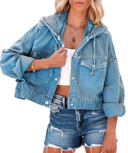 DDFWSSVC Jeansjacke für Damen Jeans Lightweight Trendy Soft Oversized Cropped Kapuzenjacke,Blau,L von Zynqora