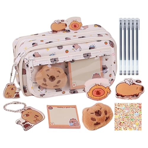 Zyntora Capybara Schulbedarf – Großes Capybara Federmäppchen Schreibwaren-Set – Stiftebeutel Aufkleber Gelstifte für Grundschule Mädchen Schüler Klassenzimmer Preise Zuhause Weihnachten Urlaub von Zyntora