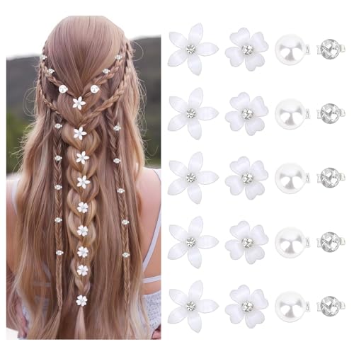 20 Stück Mini Blumen Haarspangen mit Strass, Mini Haarschmuck Hochzeit, blumen haarklammer klein, Braut Haarspangen Blumen, haarspangen klein, mini Haarklammern Blumen Weiß für Mädchen und Frauen von Zyren