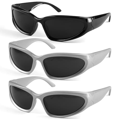 3 Stück Sonnenbrille Schnell Silber, Y2K Sunglasses, Futuristische Y2K Sonnenbrille, Sport Brille, Rechteckige Techno Brille, Polarisierte Sportbrille, UV400 Schutz für Musikfestivals,Radfahren,Laufen von Zyren
