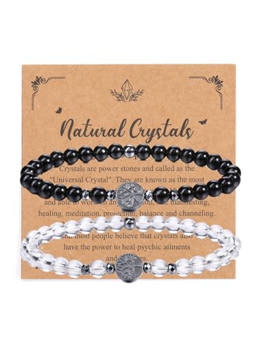 Zysta 2 Stück Freundschaftsarmbänder Bergkristall & Obsidian Perlen Armband mit Lebensbaum Anhänger BFF Geschenke für Frauen Mädchen von Zysta