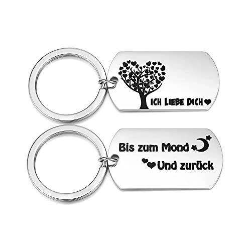 Zysta 2 Stück Pärchen Schlüsselanhänger mit Gravur “ICH LIEBE DICH Bis zum Mond Und zurück” Dog Tag Anhänger Edelstahl Paar Schlüsselbund Liebe Keychain für Partner von Zysta