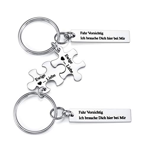 Zysta 2 Stück Pärchen Schlüsselanhänger mit Gravur Puzzle Anhänger Edelstahl Paar Schlüsselbund Liebe Keychain für Partner Valentistag Geschenk (Fahr Vorsichtig/Ich Brauche Dich Hier bei Mir) von Zysta