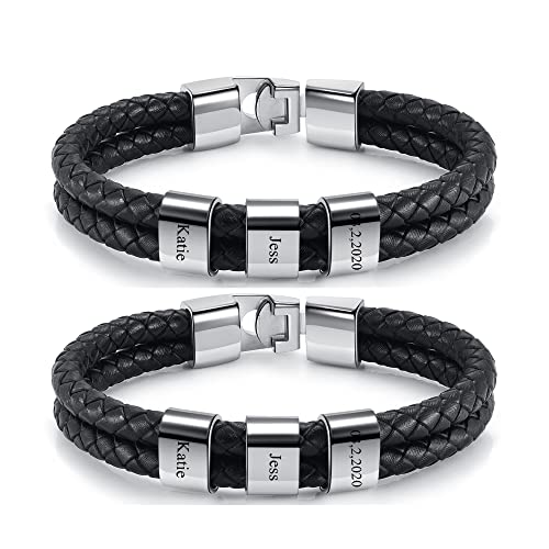 Zysta 2 Stück Personalisierte Herren Armband mit Gravur Lederarmband mit Namen Echtleder Armband Wickelarmband für Männer Vater Sohn Geschenk (2 Namensperlen, Schwarz) von Zysta