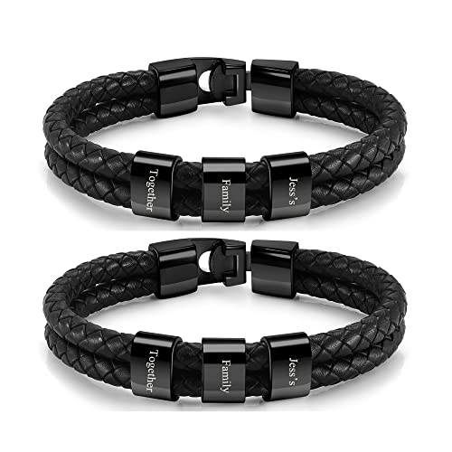 Zysta 2 Stück Personalisierte Herren Armband mit Gravur Lederarmband mit Namen Echtleder Armband Wickelarmband für Männer Vater Sohn Geschenk (3 Namensperlen, Schwarz) von Zysta