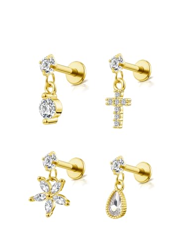 Zysta 4 Stücke Helix Piercings 16ga Edelstahl Ohrstecker mit Zirkonia Kreuz Blume Anhänger Knorpel Stud Piercing für Frauen Damen (# 1) von Zysta