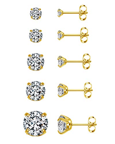 Zysta 5 Paare Ohrstecker Set Zirkonia Ohrringe 20Ga Ohrstecker Silber/Gold/Rosegold/Schwarz Ohrschmuck Ohrpiercing für Damen Mädchen Herren, Ohrringe Größe in 3/4/5/6/8mm (Gold) von Zysta