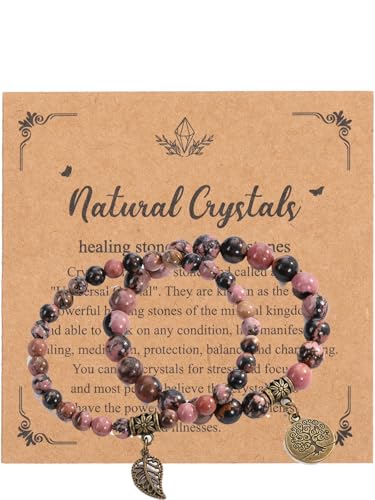 Zysta 7 Chakra Armband Echte Steine Lebensbaum Armbänder Natürliche Edelstein Yoga Energietherapie Balance Buddha Perlenarmband fur Damen (Rhodonit) von Zysta