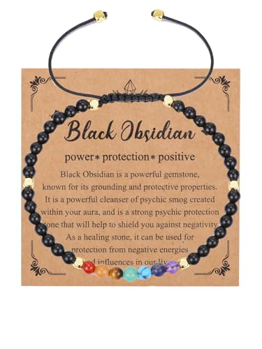 Zysta 7 Chakra Armband Verstellbar Echte Steine Armbänder Heilsteine Yoga Armband Kristalle Perlenarmband Energietherapie Glückbringen Armbänder Damen Herren (Obsidian) von Zysta