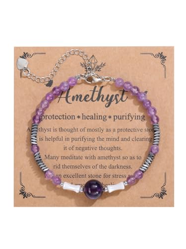 Zysta Amethyst Armband Heilsteine Armband Naturstein Kristalle Perlenarmband mit 8mm/4mm Kugelarmband Healing Reiki Energietherapie Glückbringen Verstellbar Armbänder Damen (Amethyst) von Zysta