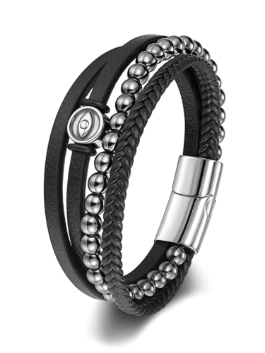 Zysta Armband Herren - Lerderarmband - Tigerauge/Hämatit Perlenarmband Männer - geflochten Echtleder Breites Wickelarmband mit Magnet Verschluss (Tigerauge) von Zysta