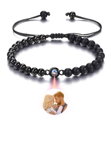 Zysta Armband mit Foto Personalisiert Projektion Perlenarmband mit eigenem Bild im stein Fotogeschenke für Frauen Männer zum Geburtstag Weihnachten (Hämatit & Matte Schwarz Achat) von Zysta