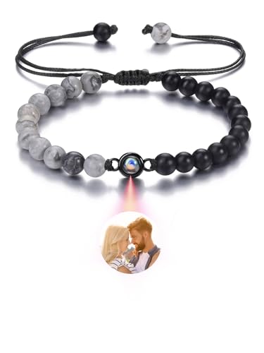 Zysta Armband mit Foto Personalisiert Projektion Perlenarmband mit eigenem Bild im stein Fotogeschenke für Frauen Männer zum Geburtstag Weihnachten (Map Jasper & Matte Schwarz Achat) von Zysta