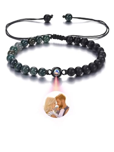 Zysta Armband mit Foto Personalisiert Projektion Perlenarmband mit eigenem Bild im stein Fotogeschenke für Frauen Männer zum Geburtstag Weihnachten (Moosachat & Matte Schwarz Achat) von Zysta